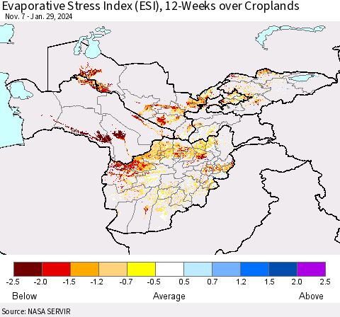 Central Asia Evaporative Stress Index (ESI), 12-Weeks over Croplands Thematic Map For 1/29/2024 - 2/4/2024
