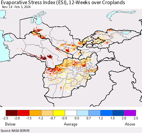 Central Asia Evaporative Stress Index (ESI), 12-Weeks over Croplands Thematic Map For 2/5/2024 - 2/11/2024