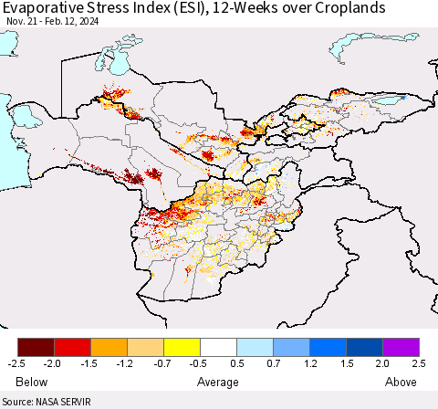 Central Asia Evaporative Stress Index (ESI), 12-Weeks over Croplands Thematic Map For 2/12/2024 - 2/18/2024