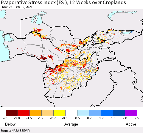 Central Asia Evaporative Stress Index (ESI), 12-Weeks over Croplands Thematic Map For 2/19/2024 - 2/25/2024