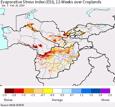 Central Asia Evaporative Stress Index (ESI), 12-Weeks over Croplands Thematic Map For 2/26/2024 - 3/3/2024