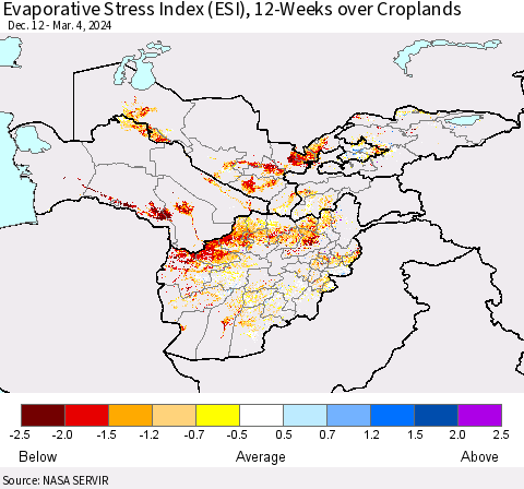 Central Asia Evaporative Stress Index (ESI), 12-Weeks over Croplands Thematic Map For 3/4/2024 - 3/10/2024