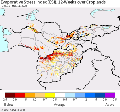 Central Asia Evaporative Stress Index (ESI), 12-Weeks over Croplands Thematic Map For 3/11/2024 - 3/17/2024