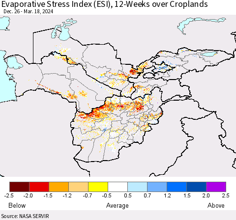 Central Asia Evaporative Stress Index (ESI), 12-Weeks over Croplands Thematic Map For 3/18/2024 - 3/24/2024