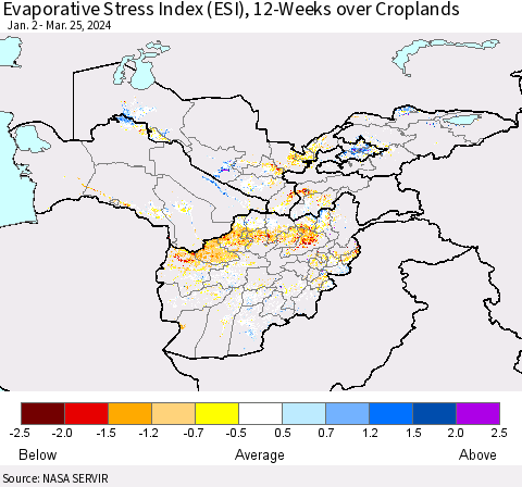 Central Asia Evaporative Stress Index (ESI), 12-Weeks over Croplands Thematic Map For 3/25/2024 - 3/31/2024