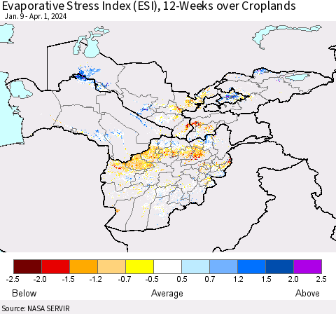 Central Asia Evaporative Stress Index (ESI), 12-Weeks over Croplands Thematic Map For 4/1/2024 - 4/7/2024