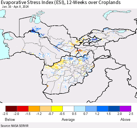 Central Asia Evaporative Stress Index (ESI), 12-Weeks over Croplands Thematic Map For 4/8/2024 - 4/14/2024