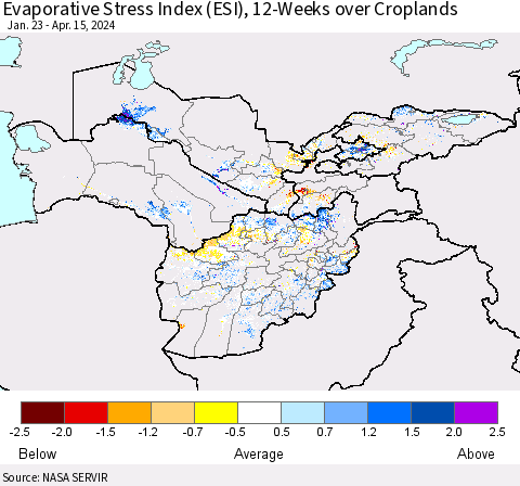 Central Asia Evaporative Stress Index (ESI), 12-Weeks over Croplands Thematic Map For 4/15/2024 - 4/21/2024