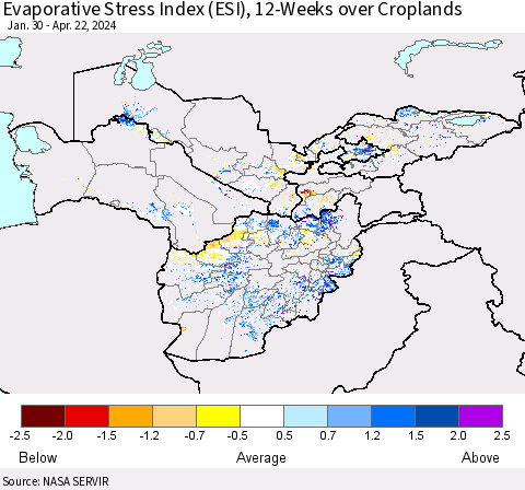 Central Asia Evaporative Stress Index (ESI), 12-Weeks over Croplands Thematic Map For 4/22/2024 - 4/28/2024