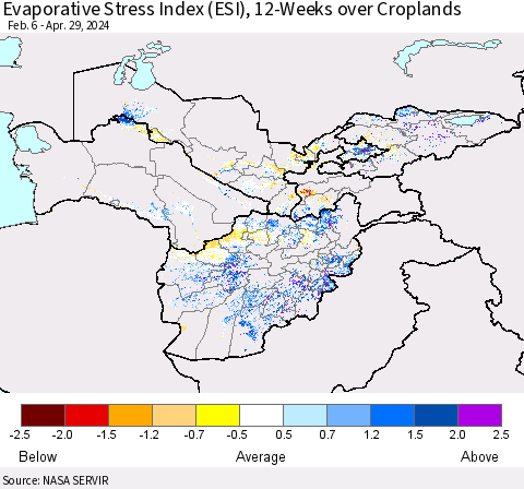 Central Asia Evaporative Stress Index (ESI), 12-Weeks over Croplands Thematic Map For 4/29/2024 - 5/5/2024