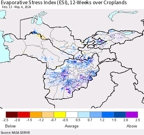 Central Asia Evaporative Stress Index (ESI), 12-Weeks over Croplands Thematic Map For 5/6/2024 - 5/12/2024