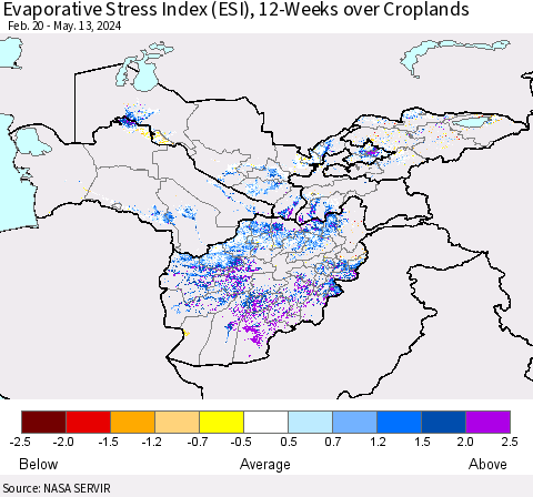 Central Asia Evaporative Stress Index (ESI), 12-Weeks over Croplands Thematic Map For 5/13/2024 - 5/19/2024