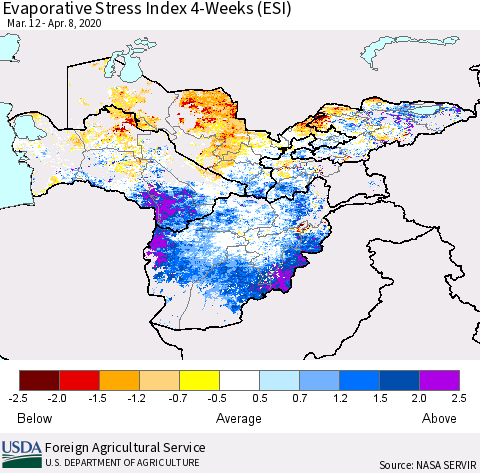 Central Asia Evaporative Stress Index (ESI), 4-Weeks Thematic Map For 4/6/2020 - 4/12/2020