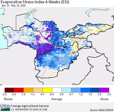 Central Asia Evaporative Stress Index (ESI), 4-Weeks Thematic Map For 5/18/2020 - 5/24/2020
