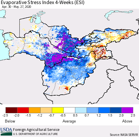 Central Asia Evaporative Stress Index (ESI), 4-Weeks Thematic Map For 5/25/2020 - 5/31/2020