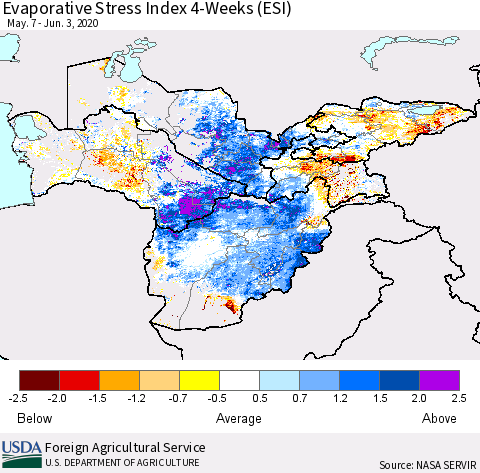 Central Asia Evaporative Stress Index (ESI), 4-Weeks Thematic Map For 6/1/2020 - 6/7/2020