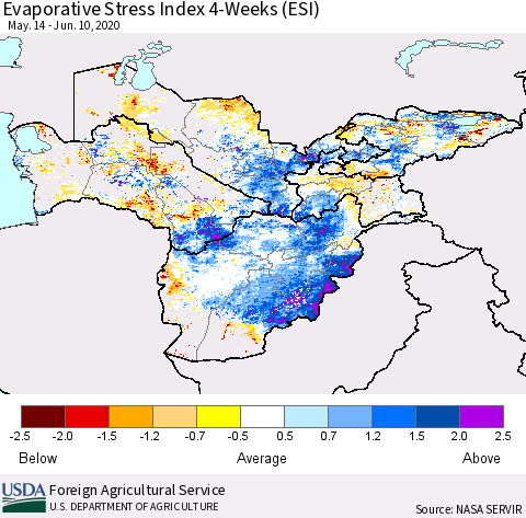 Central Asia Evaporative Stress Index (ESI), 4-Weeks Thematic Map For 6/8/2020 - 6/14/2020