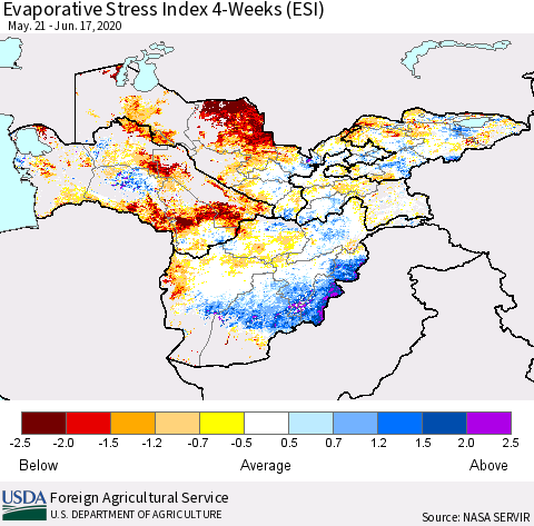 Central Asia Evaporative Stress Index (ESI), 4-Weeks Thematic Map For 6/15/2020 - 6/21/2020
