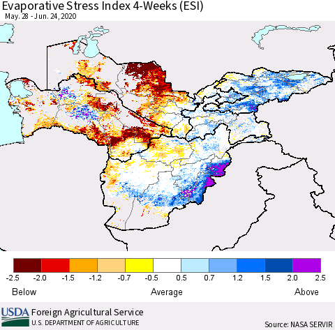 Central Asia Evaporative Stress Index (ESI), 4-Weeks Thematic Map For 6/22/2020 - 6/28/2020