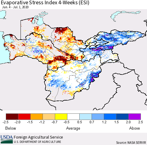 Central Asia Evaporative Stress Index (ESI), 4-Weeks Thematic Map For 6/29/2020 - 7/5/2020