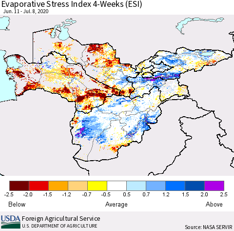 Central Asia Evaporative Stress Index (ESI), 4-Weeks Thematic Map For 7/6/2020 - 7/12/2020
