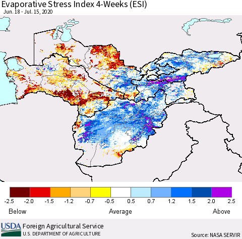Central Asia Evaporative Stress Index (ESI), 4-Weeks Thematic Map For 7/13/2020 - 7/19/2020
