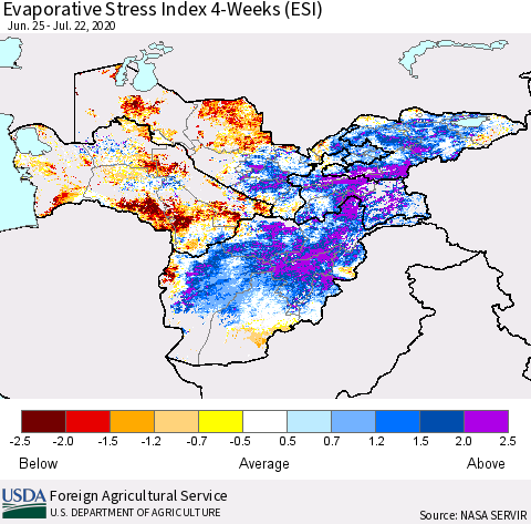 Central Asia Evaporative Stress Index (ESI), 4-Weeks Thematic Map For 7/20/2020 - 7/26/2020