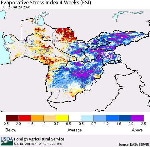 Central Asia Evaporative Stress Index (ESI), 4-Weeks Thematic Map For 7/27/2020 - 8/2/2020