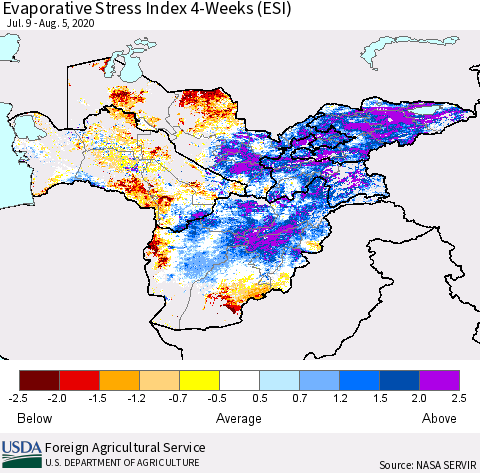 Central Asia Evaporative Stress Index (ESI), 4-Weeks Thematic Map For 8/3/2020 - 8/9/2020