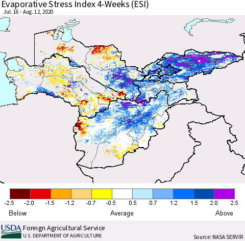 Central Asia Evaporative Stress Index (ESI), 4-Weeks Thematic Map For 8/10/2020 - 8/16/2020