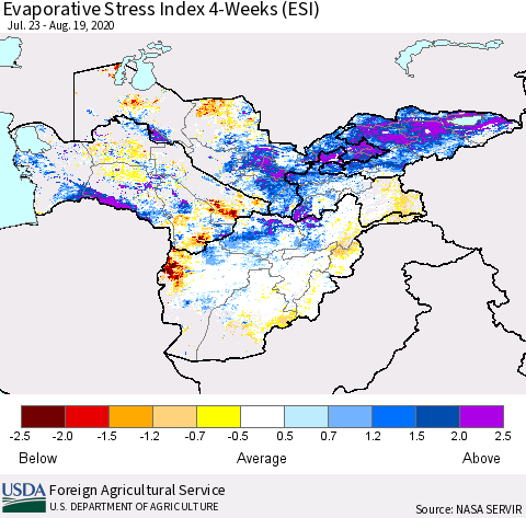 Central Asia Evaporative Stress Index (ESI), 4-Weeks Thematic Map For 8/17/2020 - 8/23/2020
