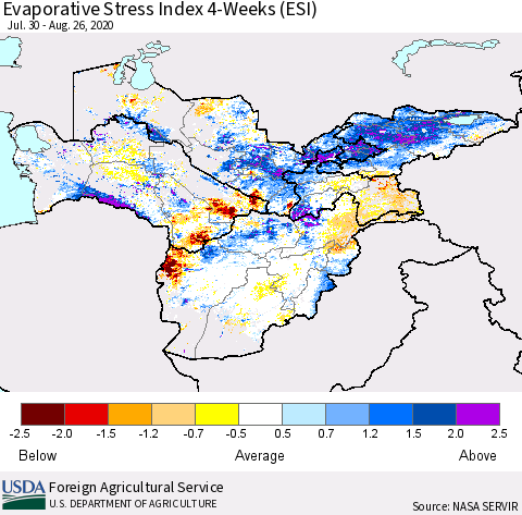 Central Asia Evaporative Stress Index (ESI), 4-Weeks Thematic Map For 8/24/2020 - 8/30/2020