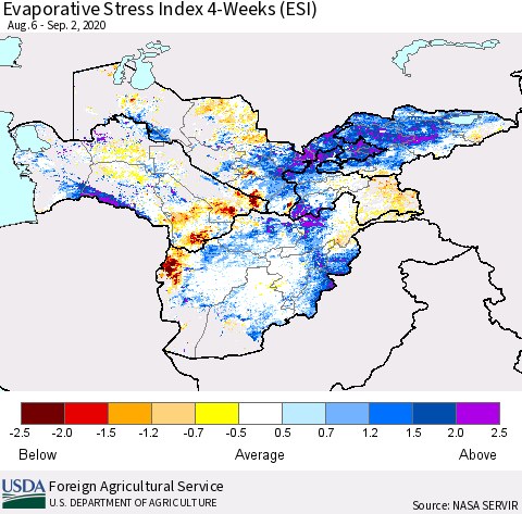 Central Asia Evaporative Stress Index (ESI), 4-Weeks Thematic Map For 8/31/2020 - 9/6/2020