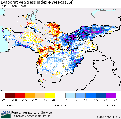 Central Asia Evaporative Stress Index (ESI), 4-Weeks Thematic Map For 9/7/2020 - 9/13/2020