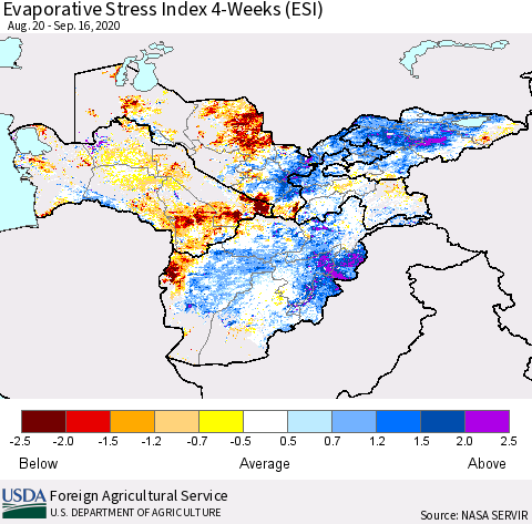 Central Asia Evaporative Stress Index (ESI), 4-Weeks Thematic Map For 9/14/2020 - 9/20/2020