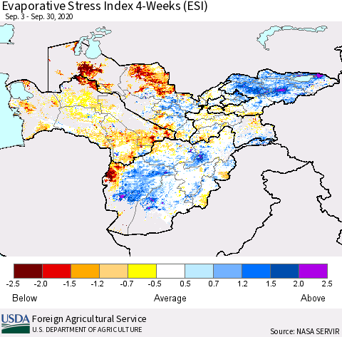 Central Asia Evaporative Stress Index (ESI), 4-Weeks Thematic Map For 9/28/2020 - 10/4/2020