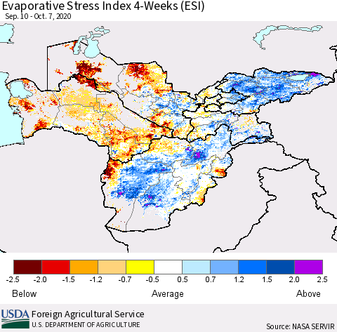Central Asia Evaporative Stress Index (ESI), 4-Weeks Thematic Map For 10/5/2020 - 10/11/2020