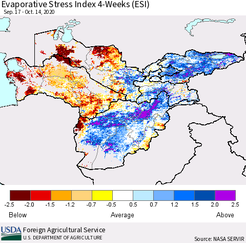 Central Asia Evaporative Stress Index (ESI), 4-Weeks Thematic Map For 10/12/2020 - 10/18/2020