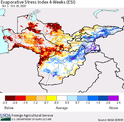 Central Asia Evaporative Stress Index (ESI), 4-Weeks Thematic Map For 10/26/2020 - 11/1/2020