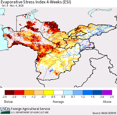 Central Asia Evaporative Stress Index (ESI), 4-Weeks Thematic Map For 11/2/2020 - 11/8/2020