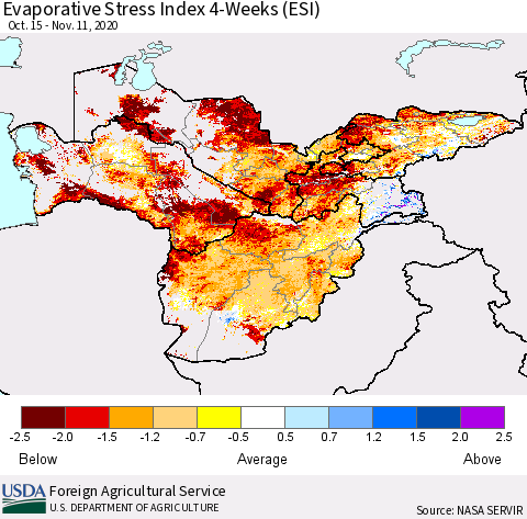 Central Asia Evaporative Stress Index (ESI), 4-Weeks Thematic Map For 11/9/2020 - 11/15/2020