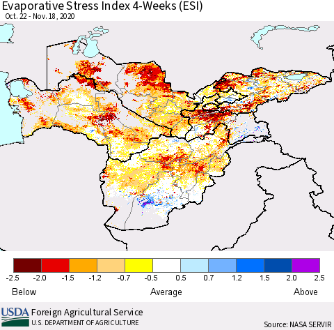 Central Asia Evaporative Stress Index (ESI), 4-Weeks Thematic Map For 11/16/2020 - 11/22/2020