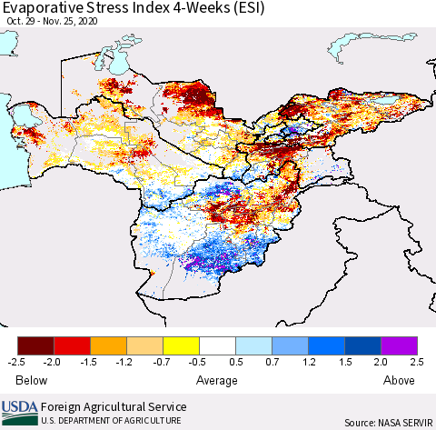 Central Asia Evaporative Stress Index (ESI), 4-Weeks Thematic Map For 11/23/2020 - 11/29/2020