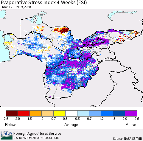 Central Asia Evaporative Stress Index (ESI), 4-Weeks Thematic Map For 12/7/2020 - 12/13/2020