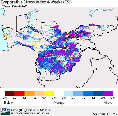 Central Asia Evaporative Stress Index (ESI), 4-Weeks Thematic Map For 12/14/2020 - 12/20/2020