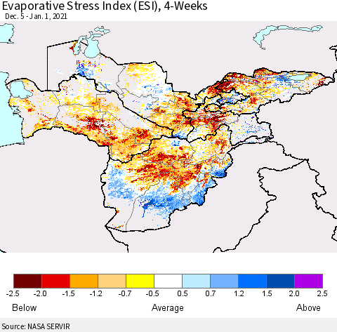 Central Asia Evaporative Stress Index (ESI), 4-Weeks Thematic Map For 12/28/2020 - 1/3/2021
