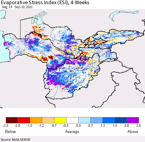 Central Asia Evaporative Stress Index (ESI), 4-Weeks Thematic Map For 9/6/2021 - 9/12/2021