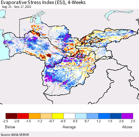 Central Asia Evaporative Stress Index (ESI), 4-Weeks Thematic Map For 9/13/2021 - 9/19/2021