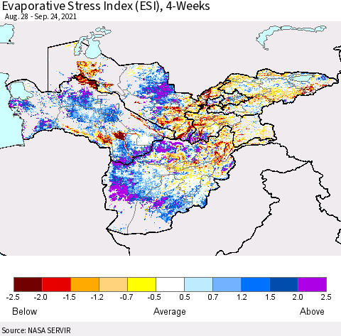 Central Asia Evaporative Stress Index (ESI), 4-Weeks Thematic Map For 9/20/2021 - 9/26/2021
