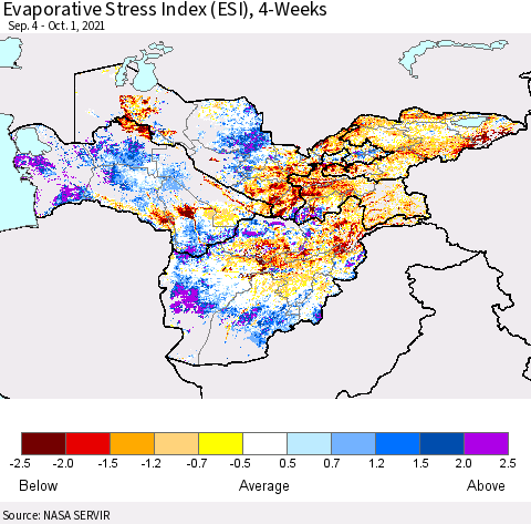 Central Asia Evaporative Stress Index (ESI), 4-Weeks Thematic Map For 9/27/2021 - 10/3/2021